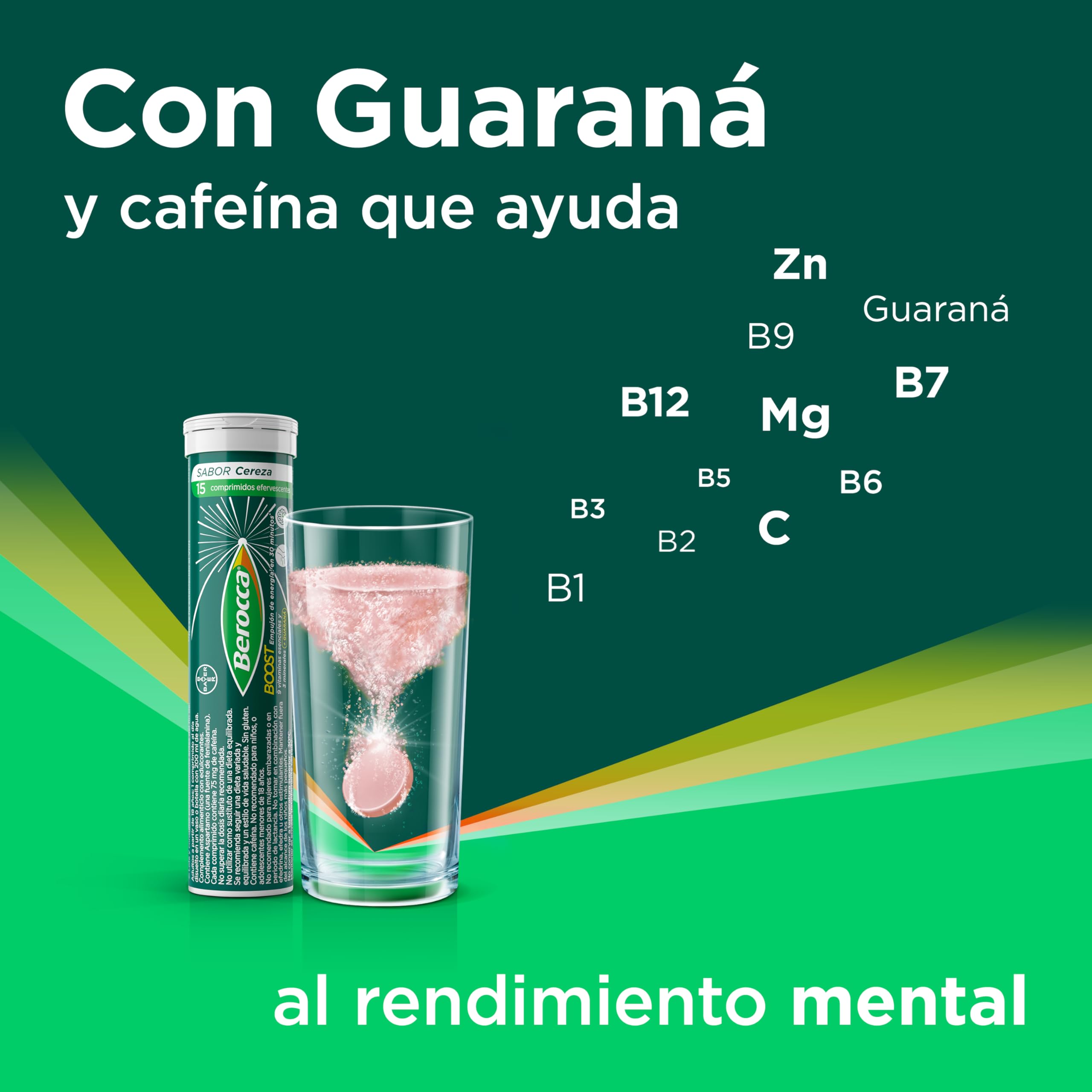 Berocca Boost Complejo de Vitaminas y Minerales con Cafeína y Guaraná Natural, para una Ayuda Rápida en el Rendimiento Mental y Físico, 30 Comprimidos Efervescentes