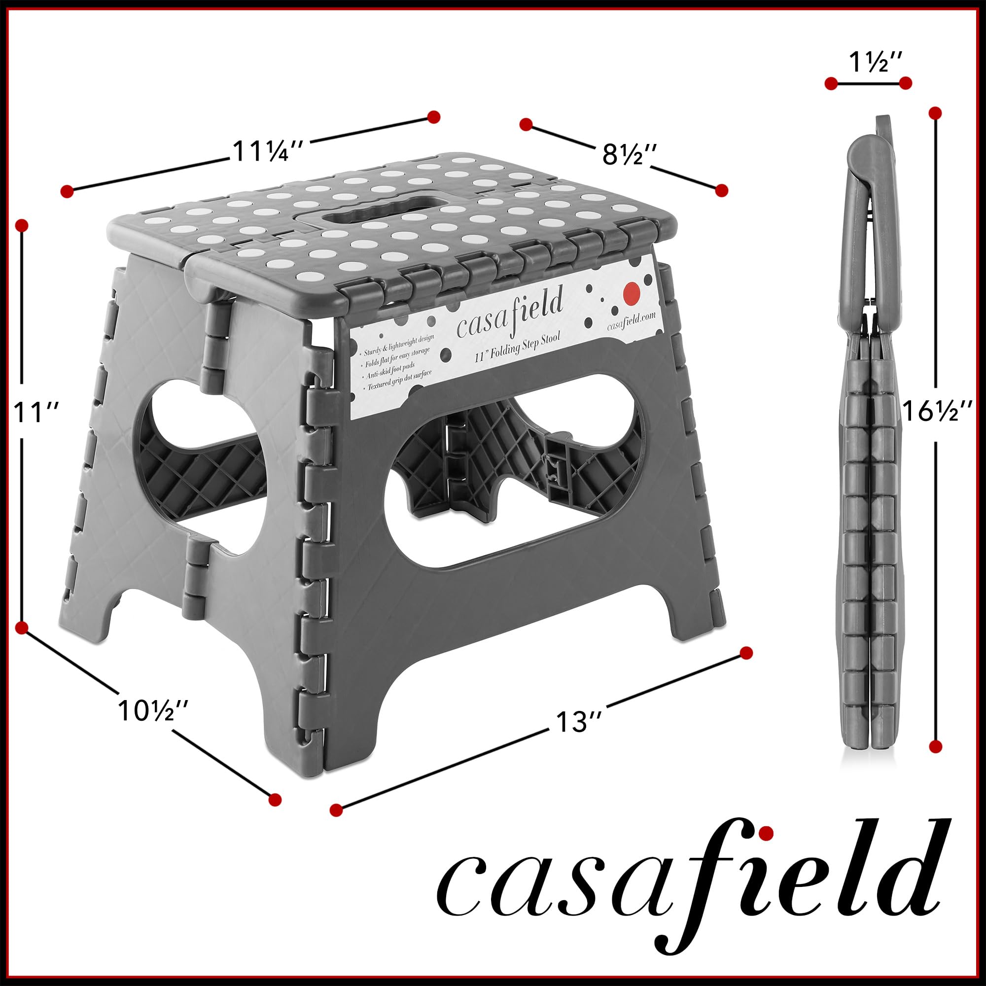 Casafield Klappbarer Tritthocker mit Griff, 27,9 cm, Grau – tragbarer, zusammenklappbarer kleiner Kunststoff-Fußhocker für Kinder und Erwachsene – Verwendung in Küche, Bad und Schlafzimmer