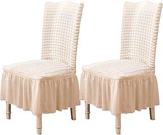Qubjus Stuhlhussen für Esszimmer Satz von 2 Stretch Stuhl Slipcover mit Rock abnehmbar waschbar Küche Stuhl Protector Cover Set für Haus, Party, Hochzeit(Off-weiß, 2Stück)