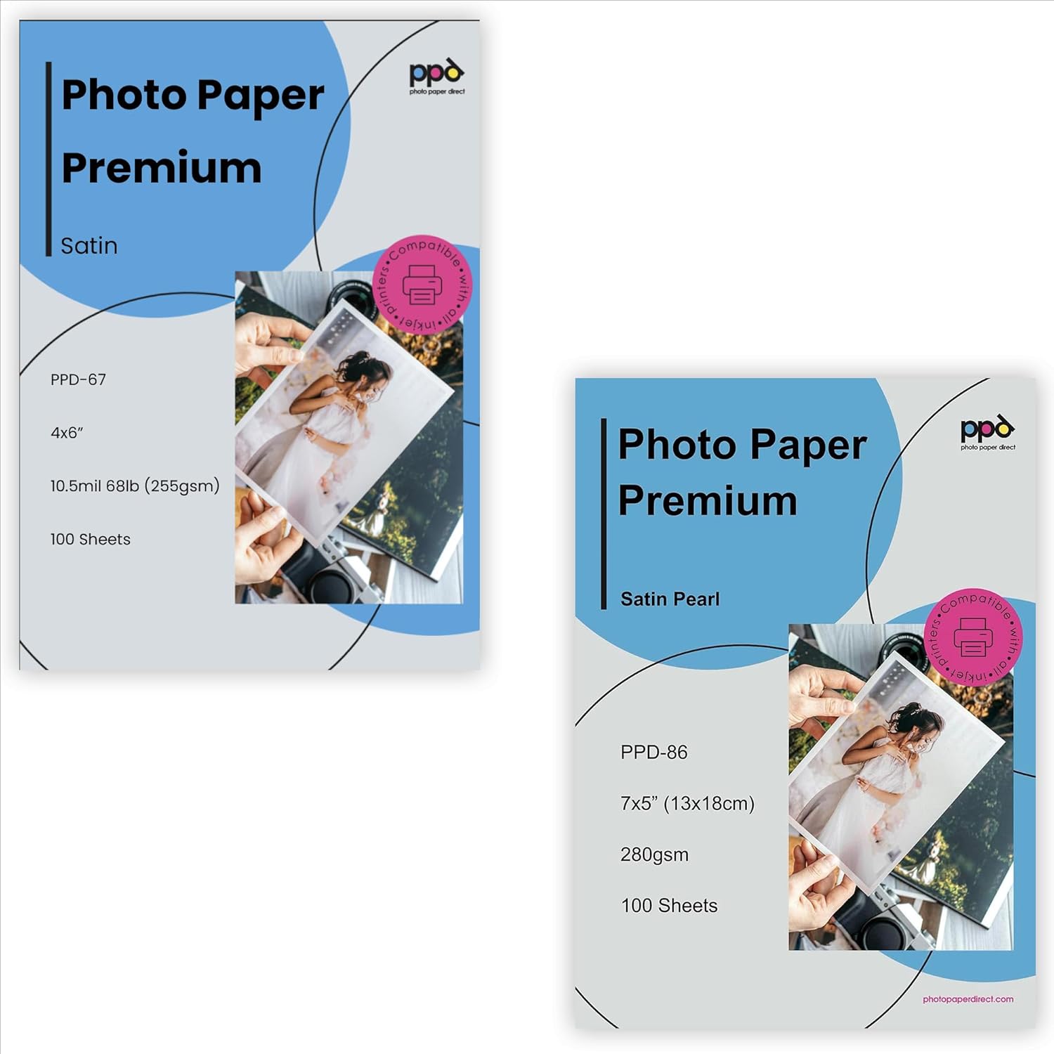 PPD Inkjet Bundle Satin Pearl Luster Super Premium Photo Cards 4x6'' (10X15cm) 68lbs 255gsm 10.5mil x 100 Sheets and Satin Luster Super Premium Photo Paper 5x7 68lbs 255gsm 10.5mil x100 Sheets