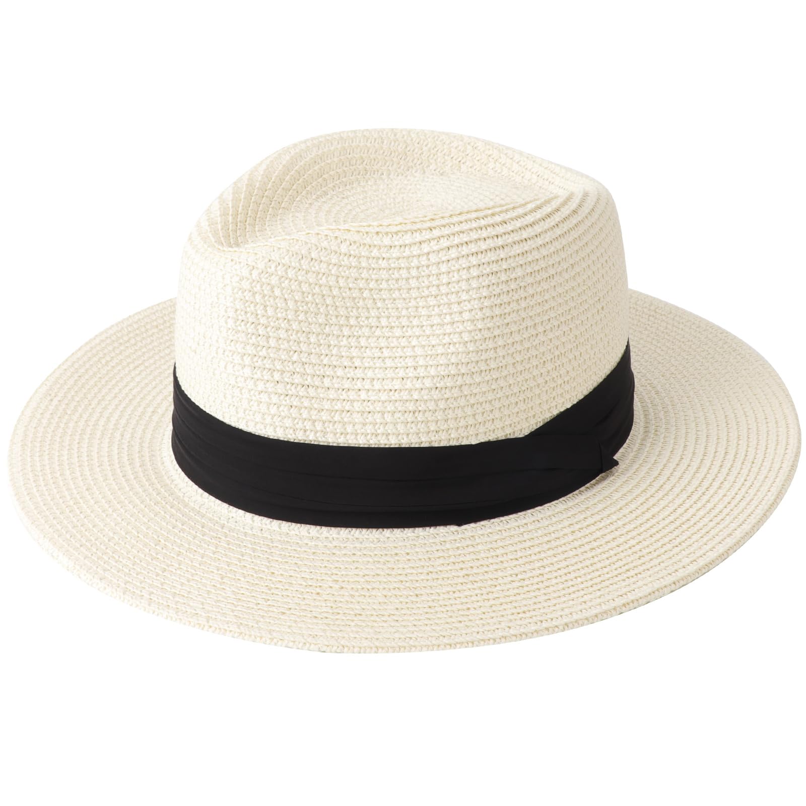 DRESHOW Women Straw Panama Hat Fedora Beach Sun Hat Wide Brim Straw Roll up Hat UPF 50+