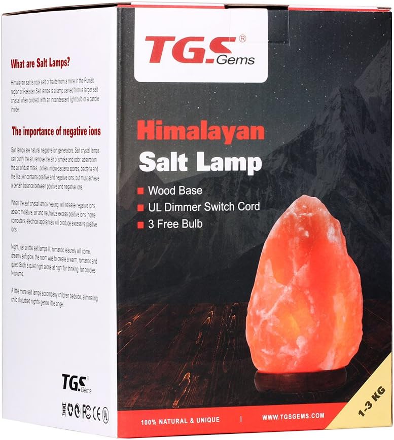 TGS Gems Himalayan Salt Lamp Ionic Air Purifier on Wood Base with Dimmable Switch Cord and 3 Bulbs,2-4lbs 6-7 Inch