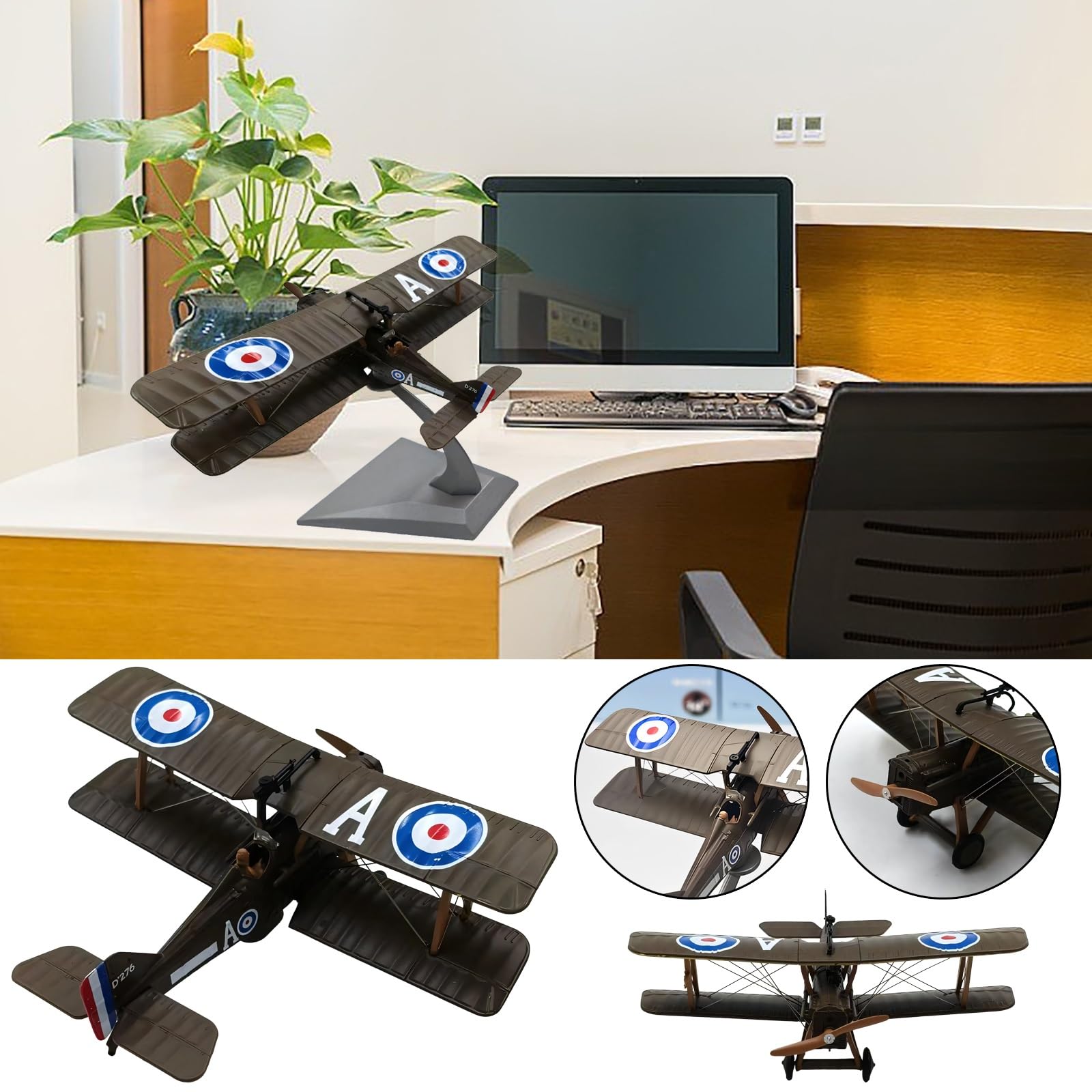 Modello metallo pressofuso caccia biplano SE.5a scala 1:72 con ruote dell'elica girevoli, supporto espositivo lega zinco for appassionati aviazione, replica aereo militare preassemblata