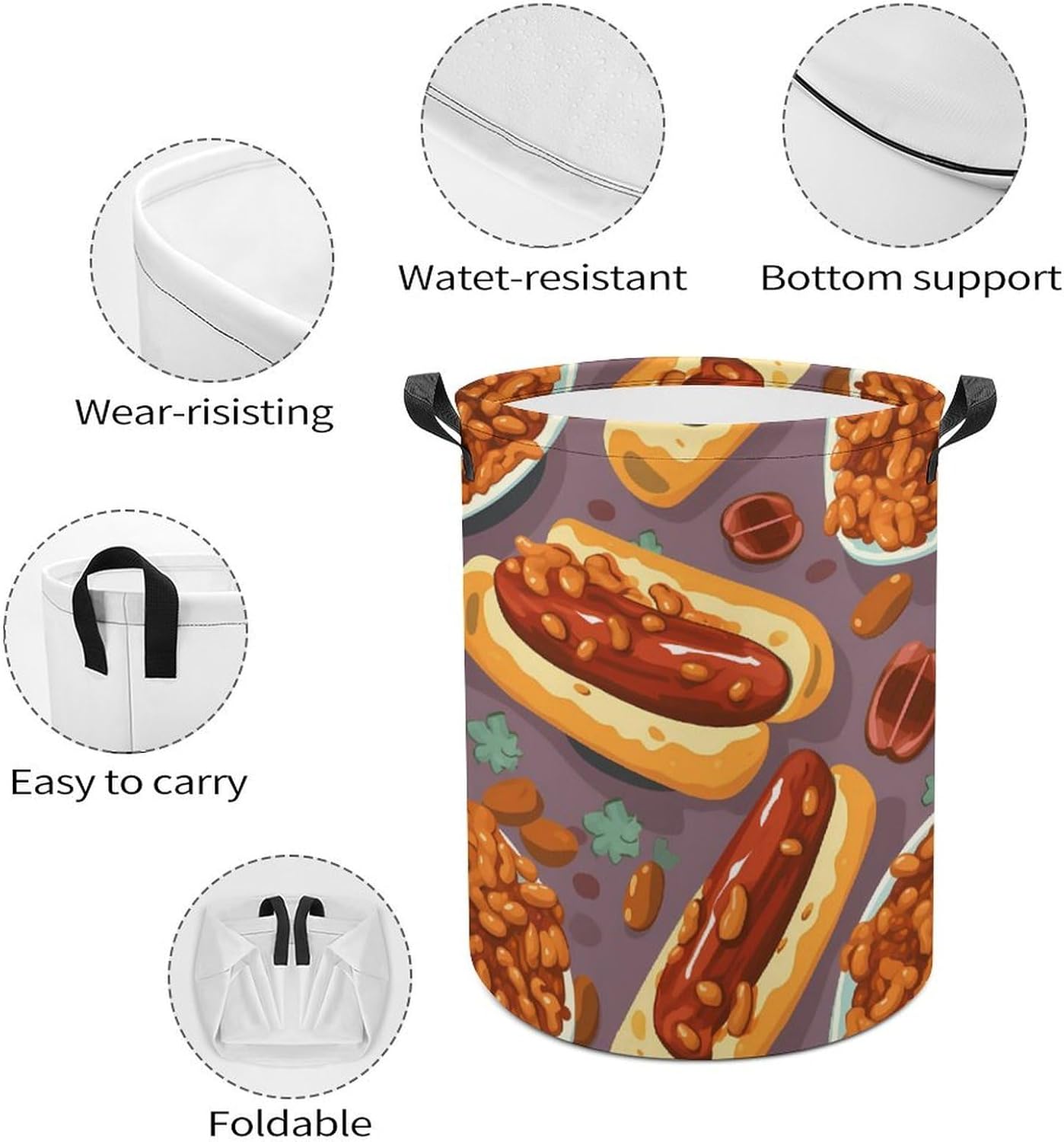 Baked Beans And Hot Dogs Novelty Collapsible Laundry Baskets Waterproof Clothes Hamper Storage Bins with Handles 13.8"x13.8"x17.3" 17.3"x17.3"x17.3"