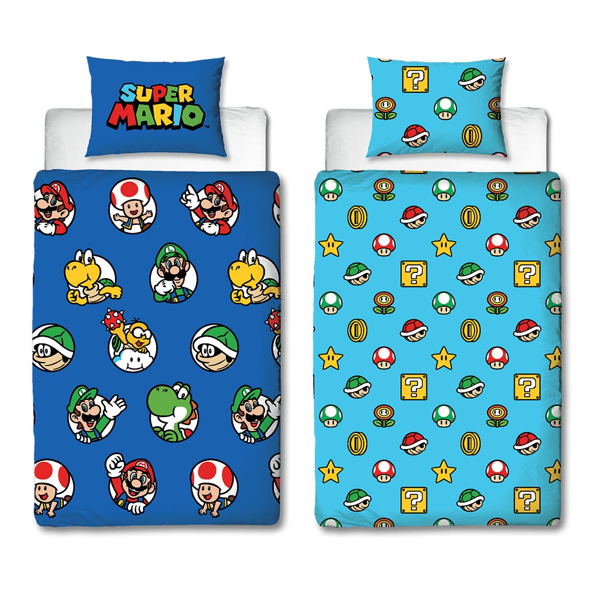 Nintendo Super Mario - Set copripiumino singolo ufficiale, design continuo, reversibile, blu su 2 lati, prodotto ufficiale, con federa coordinata
