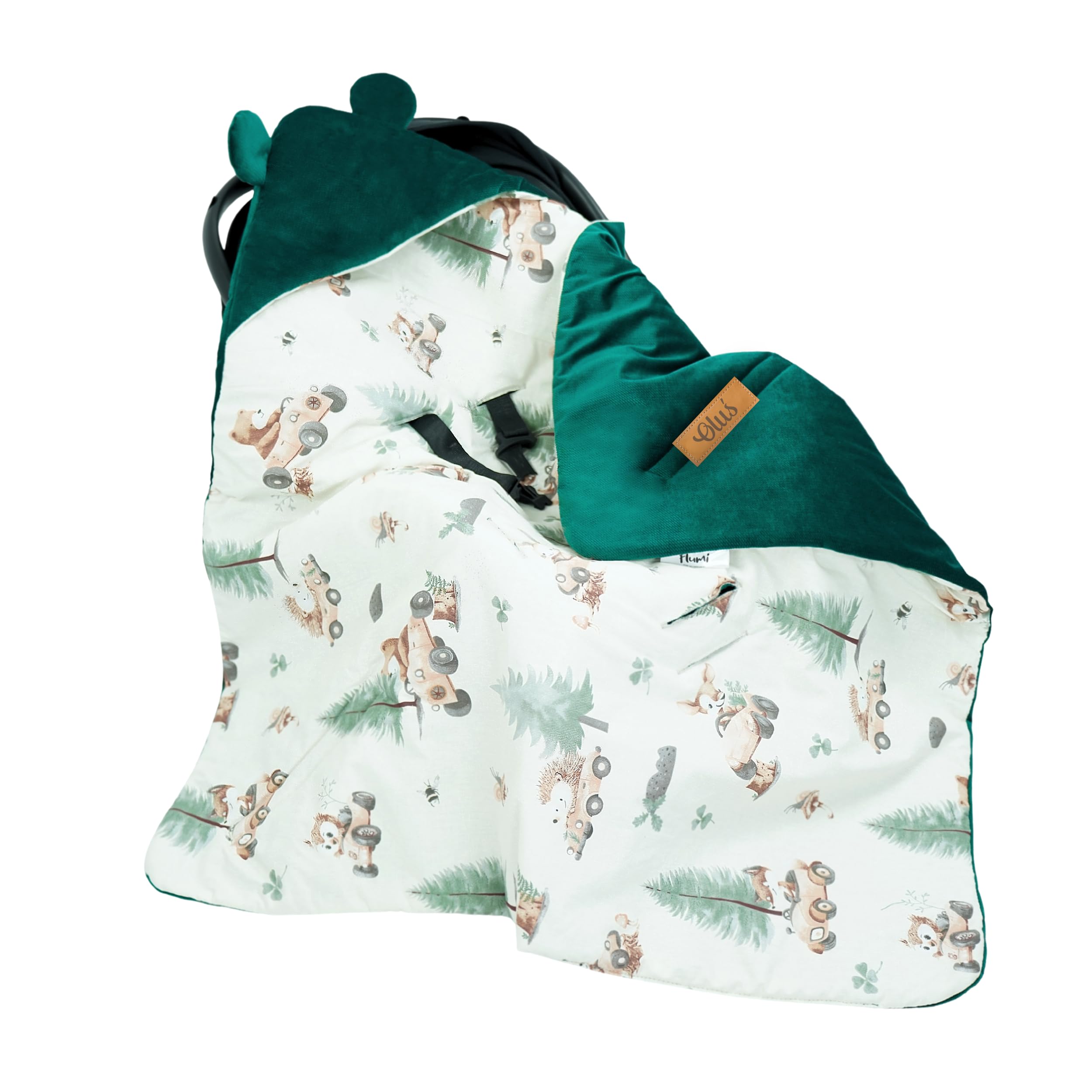 Flumi Couverture Enveloppante Bébé pour Siège Auto, Poussette et Nacelle – Capuche, Ouvertures Harnais, Lavable, Personnalisation Prénom (Animaux Verts)
