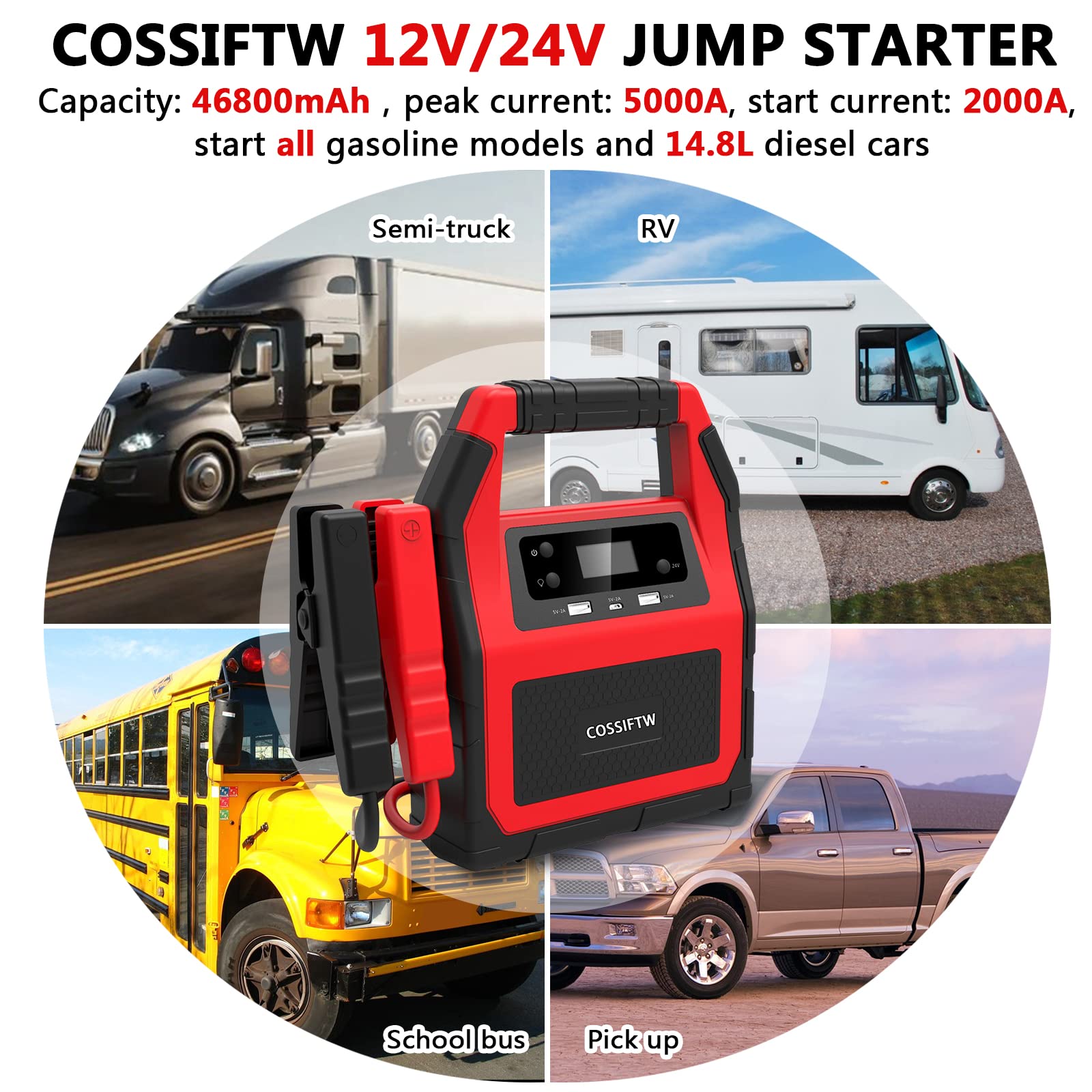 COSSIFTW 5000A Jump Starter for Various Vehicles,12V&24V Battery Booster Jump Starter,46800mAh Large Battery Capacity,Safe&Multi-Function&Start Vehicles Quickly&Recharge Fast…(5000A)