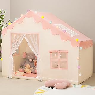 PIIKAGO Pink Play Tent for Kids 3-8 - Spacious 57x35x47" Toddler Playhouse with Mat & Ball Lights, Indoor Outdoor Girls Playhouse