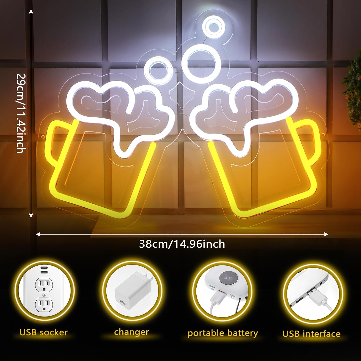 Woanger Beer Neon Signs Dimmable Light up Signs Bar LED Beer Mug Light up Wall Decor for Bar Party Nightclub Pub Shop Bistro Hotel Game Room Christmas Decoration Gifts - Image 2