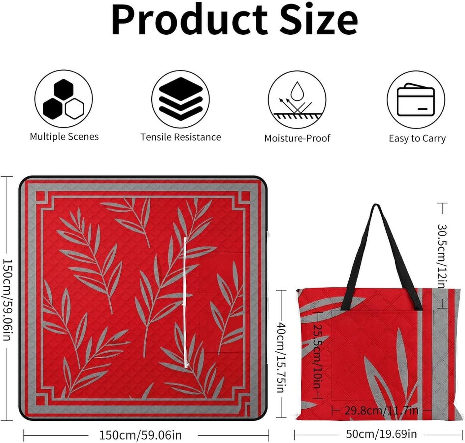 Grey Red Print Picnic Blanket with Zipper Water Resistant Sand Free Picnic Mat Washable Foldable Easy Carry Beach Blanket for Lawn Beach Hiking Camping