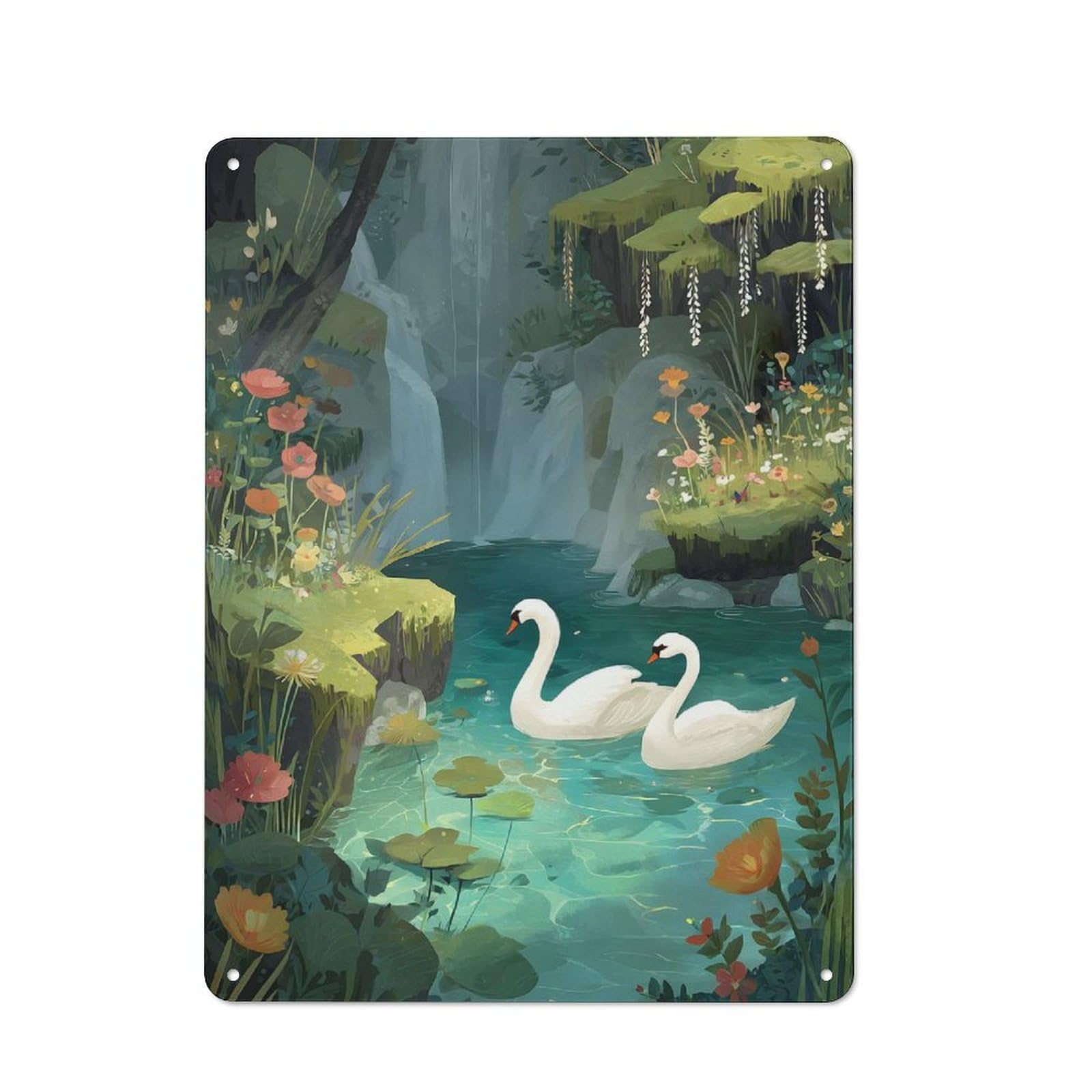 Junmoney Style-21 Industrial Swans In A Floral Waterfall Pond Decorative Metal Plaque 40X30cm, Studio Wall Art For Flat, Bar, Studio Or Gallery Wall