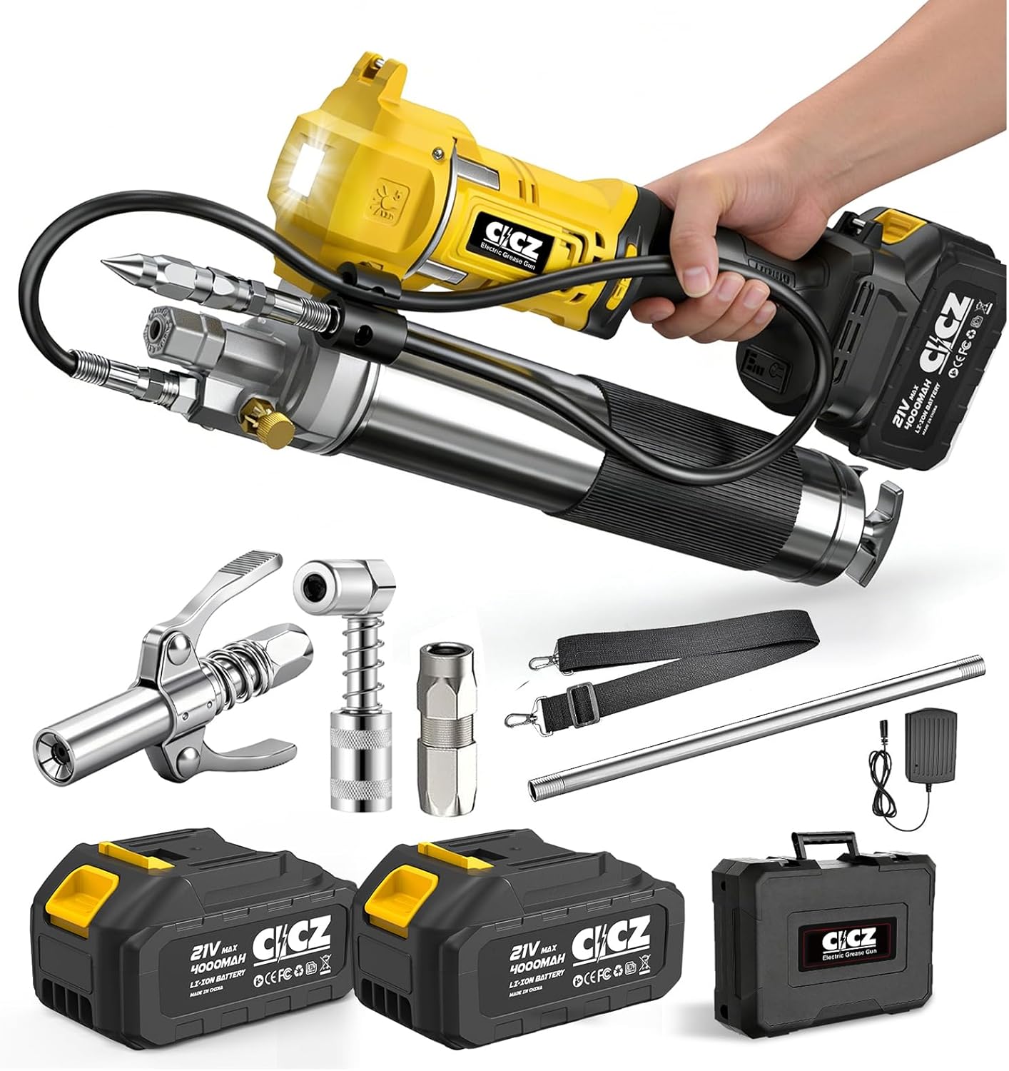 Cordless Grease Gun with Battery 2 * 4.0Ah, 10000PSI Max Electric Grease Gun Works with Bulk & Cartridge Grease for Tractor, Truck, Construction, 39" Hose & 4 Couplers