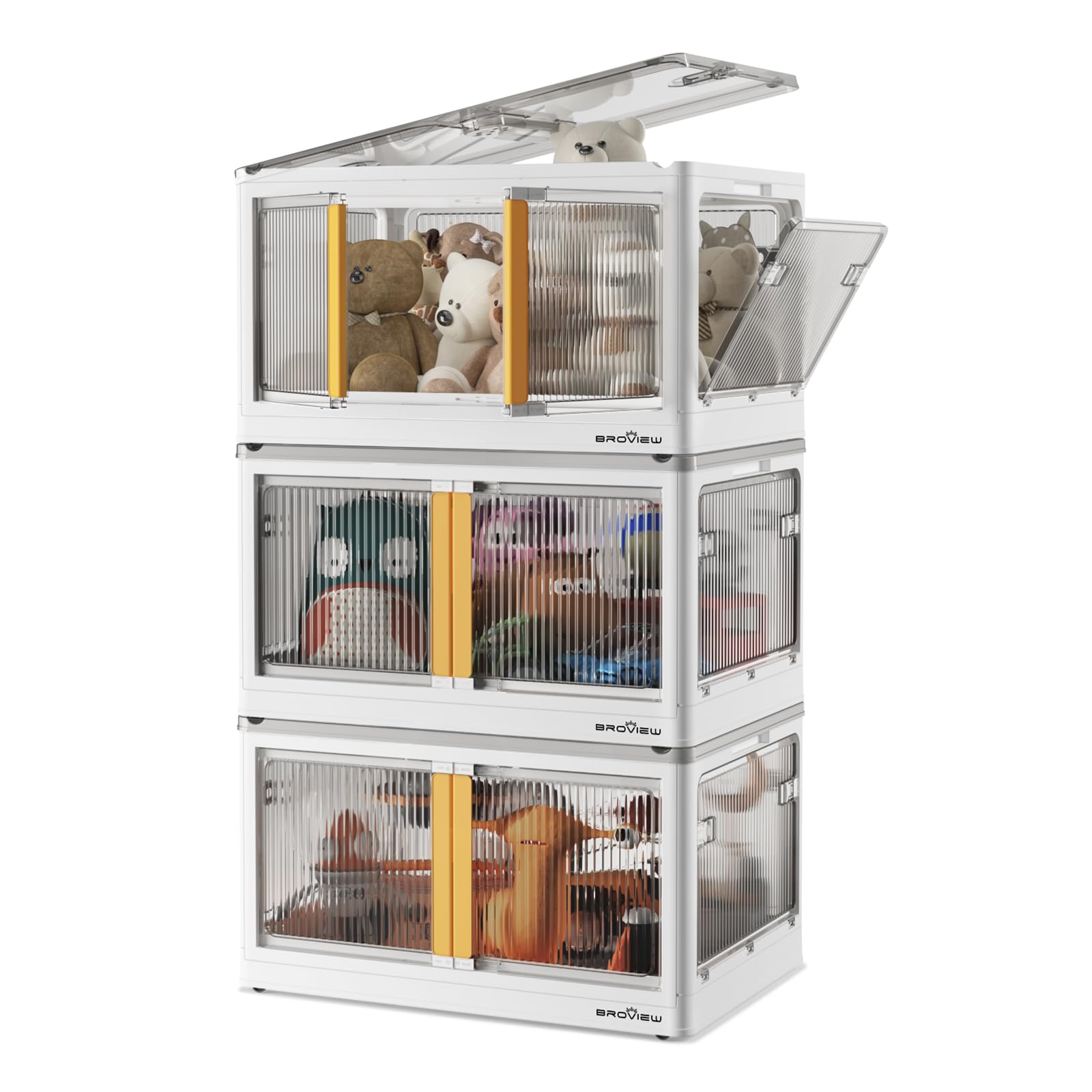 BROVIEW V5 25Gal Large Storage Bins with Lids and Doors, 5-Opening Collapsible Stackable Storage Box with Wheels, Plastic Folding Storage Containers with Front Double Doors for Closet Dorm Trunk, 3Pack