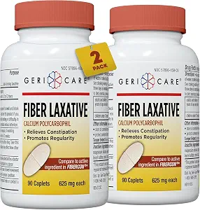 GeriCare Fiber Laxative - 625mg Calcium Polycarbophil Supplement - 90 Count (Pack of 2)