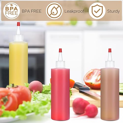 Miniatura 5 de Jinei Paquete de 60 botellas de plástico de 8 onzas, botellas transparentes para exprimir condimentos con tapa de punta roja, recipiente vacío para