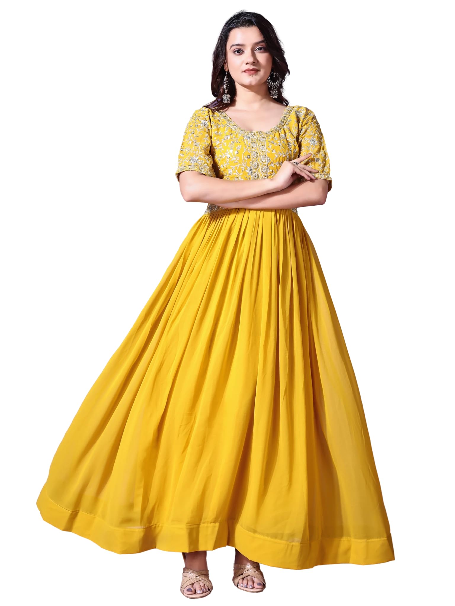 Fashion Basket Georgette Embroidered Anarkali Dress Foe Women (In, Alpha, Xl, Regular, Yellow)