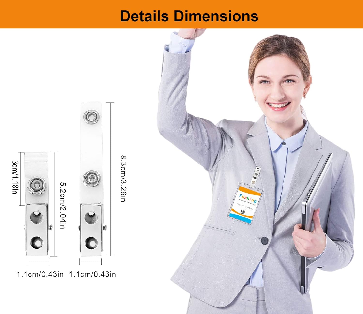 Fushing 100 Pcs Clear Plastic Horizontal Name Tag Badge ID Card Holders and 100Pcs Metal Badge Clips with Clear PVC Straps for ID Cards and Badge Holders