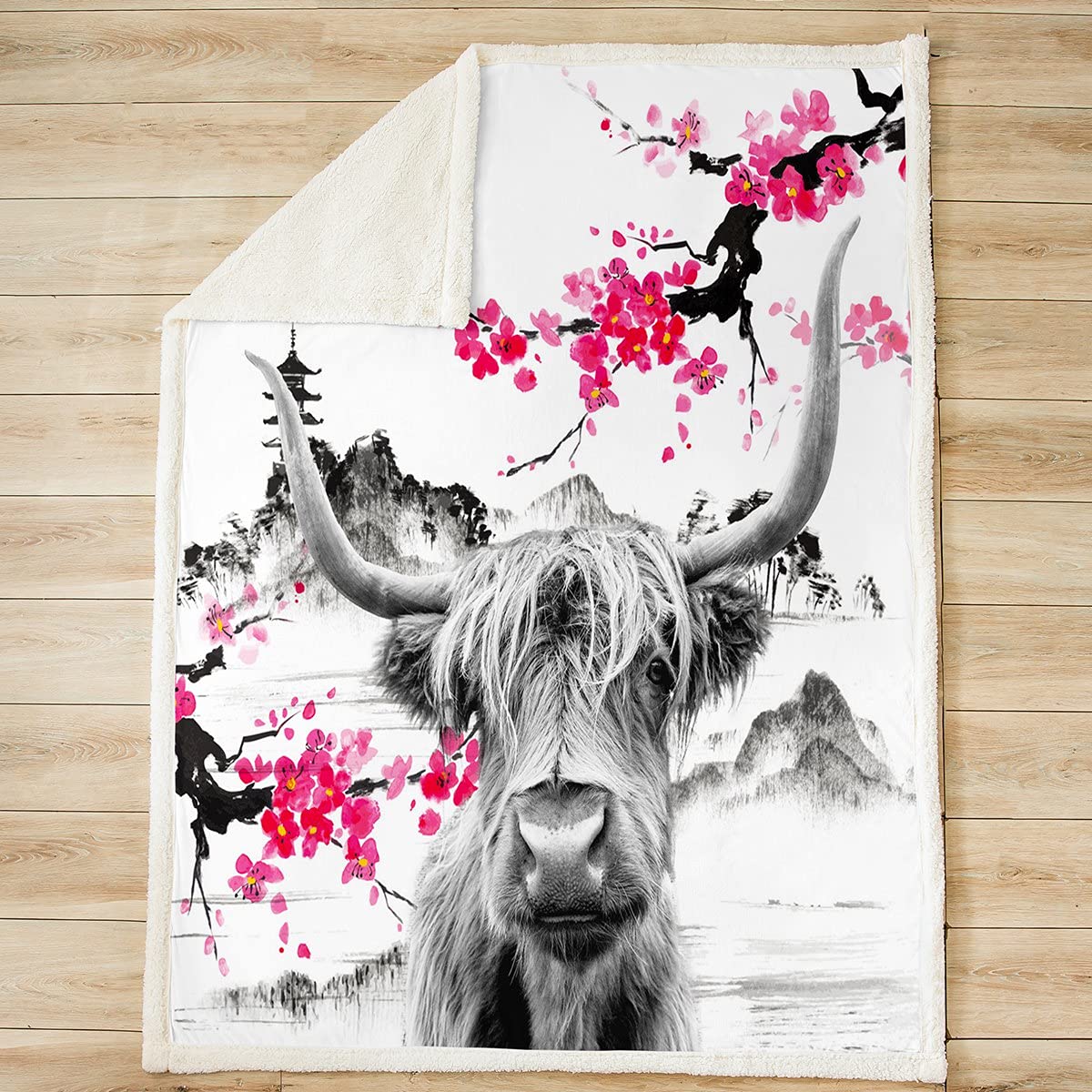 Loussiesd Highland Cow Plush Blanket Cute Red Floral Cattle Throw Blanket Kids Girls Women Men Cherry Blossom Sherpa Blanket Western Bull for Sofa,Wild Animal Double 60x79 Inch - Image 2