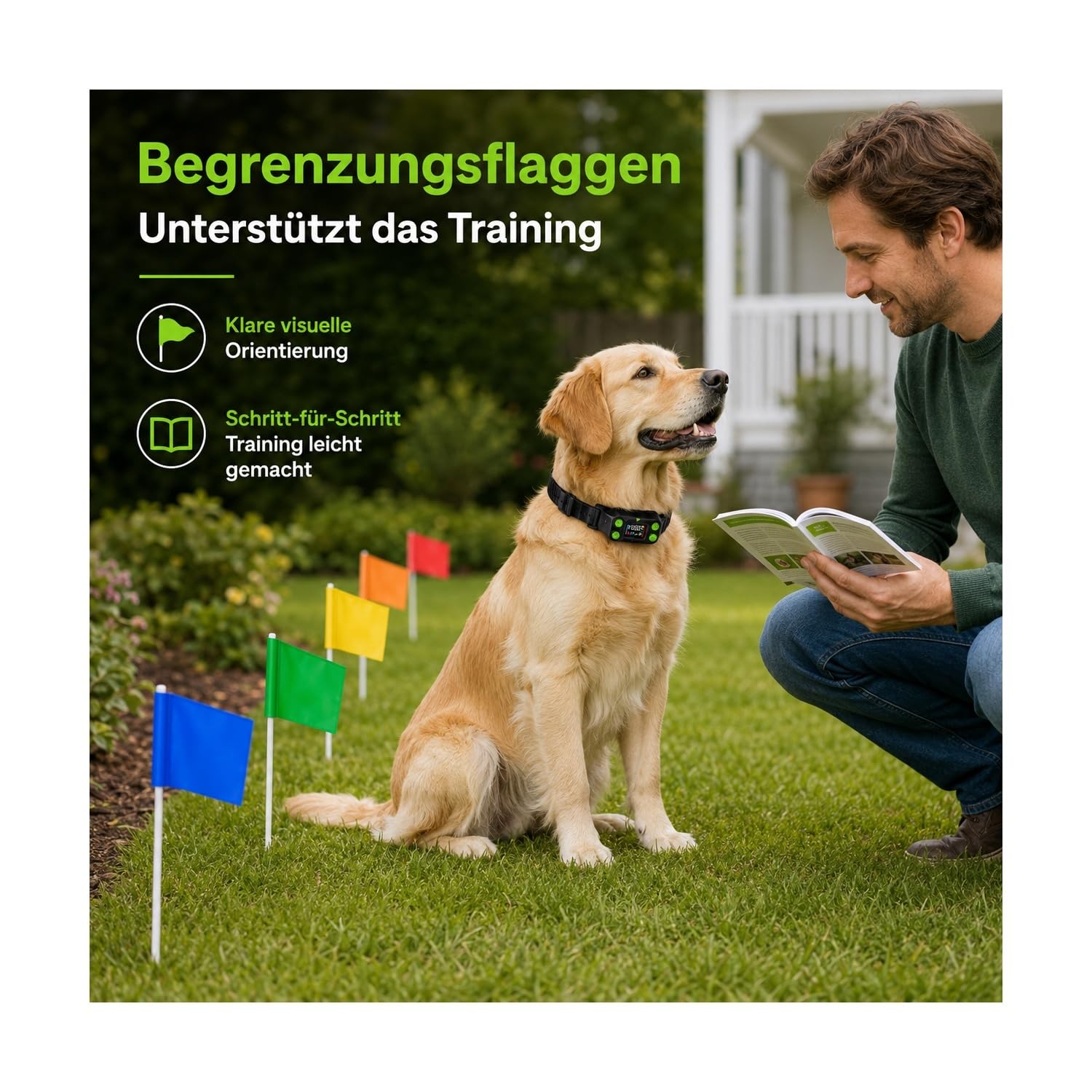 Kabelloses Hundezaunsystem mit GPS – Elektronischer unsichtbarer Hundezaun ohne Kabel, wasserdichtes verstellbares Halsband, Bildschirm, Begrenzungsflaggen und Trainingsanleitung