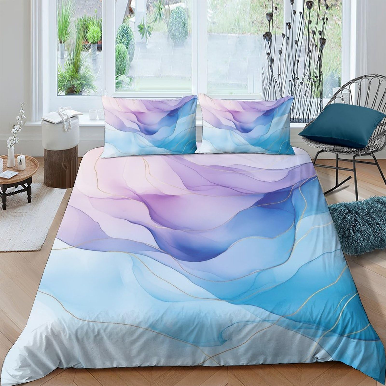 Ctjqhvkz Style-1 3D Printed Watercolor Mist Fitted Sheet Microfiber Soft Breathable Pastel Wave Mattress Cover Bedroom Decor Single（135X200cm）