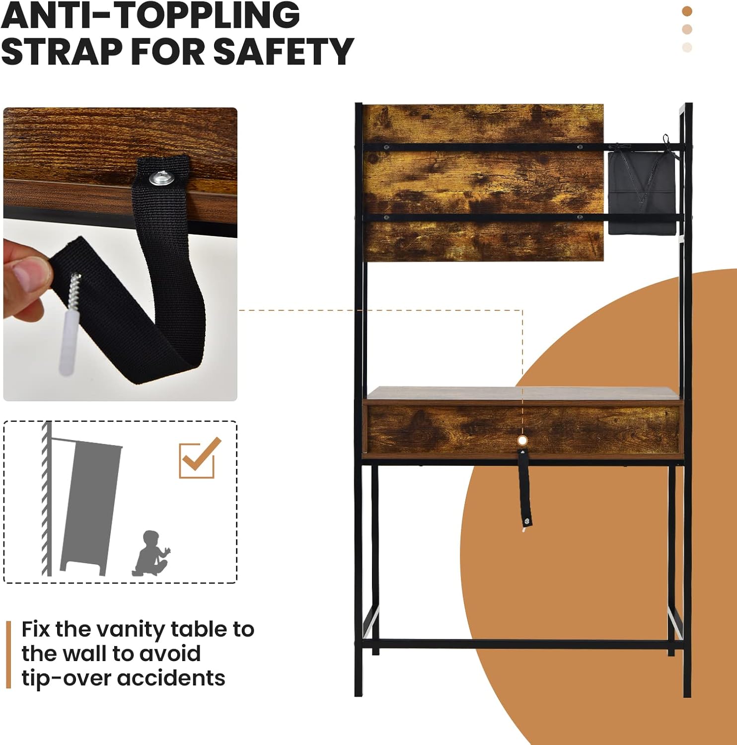 CHARMAID Rustic Vanity Table with 3-Height Adjustable Left or Right Mirror, Large Drawer, Cosmetic Brush Storage Bag Included, Sturdy Metal Frame, Industrial Style Makeup Dressing Table Writing Desk