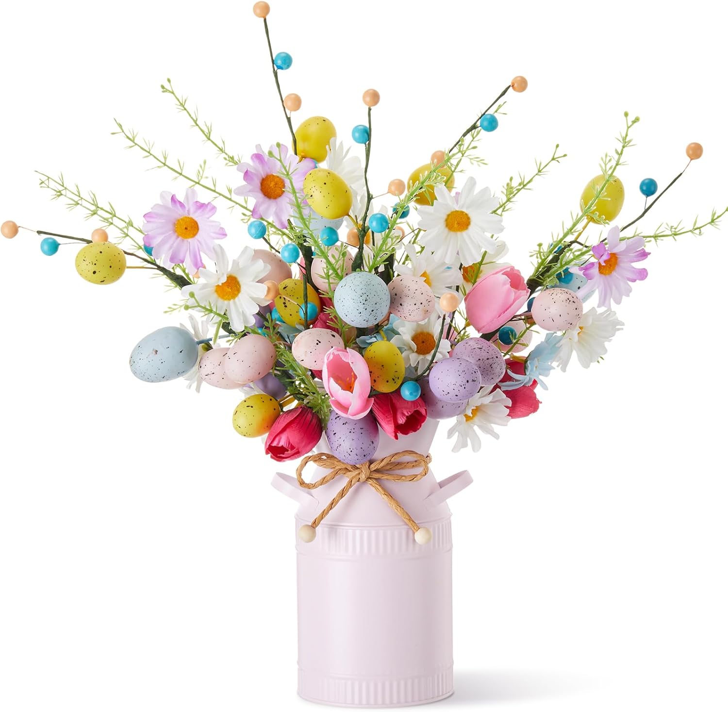 Riceshoot 6 Pcs Easter Floral Centerpieces for Tables with Vase, Spring Artificial Flower Arrangement with Faux Daisy Egg Berry Picks, Farmhouse Vintage Decor for Dining Home (Pink, Bright)