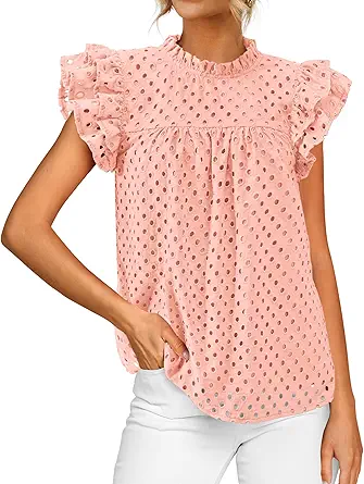 BTFBM Casual Summer Tops for Women 2025 Short Ruffle Sleeves Shirts Crew Neck Hollow Out Lace Embroidered Blouses