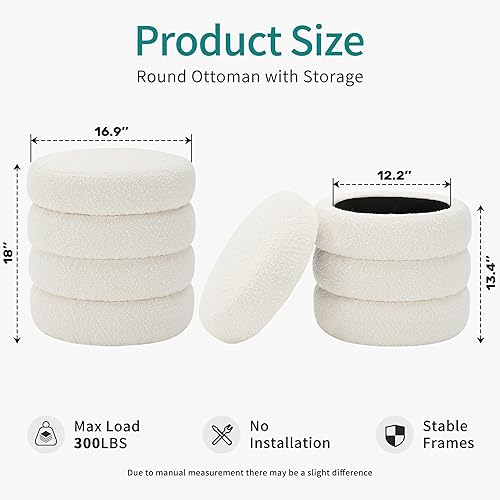 Miniatura 2 de Otomana Redonda con Almacenamiento para Sala de Estar Pequeño Taburete de Bouclé Reposapiés Moderno Tapizado Taburete de Tocador Otomana Reposapiés