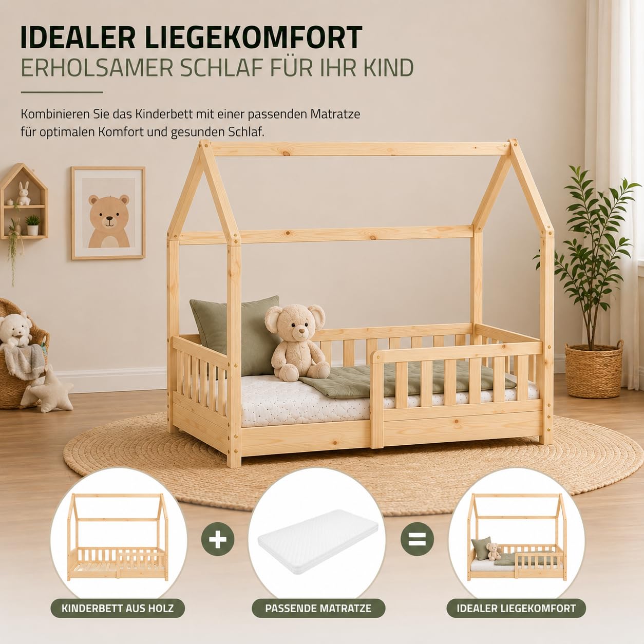 Easy Act Kinderbett Haus aus Massivholz – Bodenbett mit Rausfallschutz & Lattenrost – Hausbett Kinder Holz Bettgestell für Mädchen & Jungen ab 3 Jahre (Natur, 90 x 200 cm, ohne Matratze)