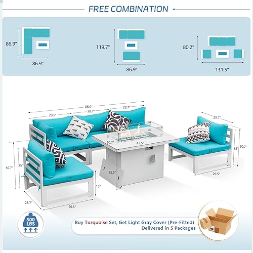 Miniatura 720 de NICESOUL 7 Piece White Powder-Coated Aluminum Patio Furniture with Fire Pit Table, 29 Inch Extra Wide Outdoor Sectional Sofa for 6, High-End Heavy