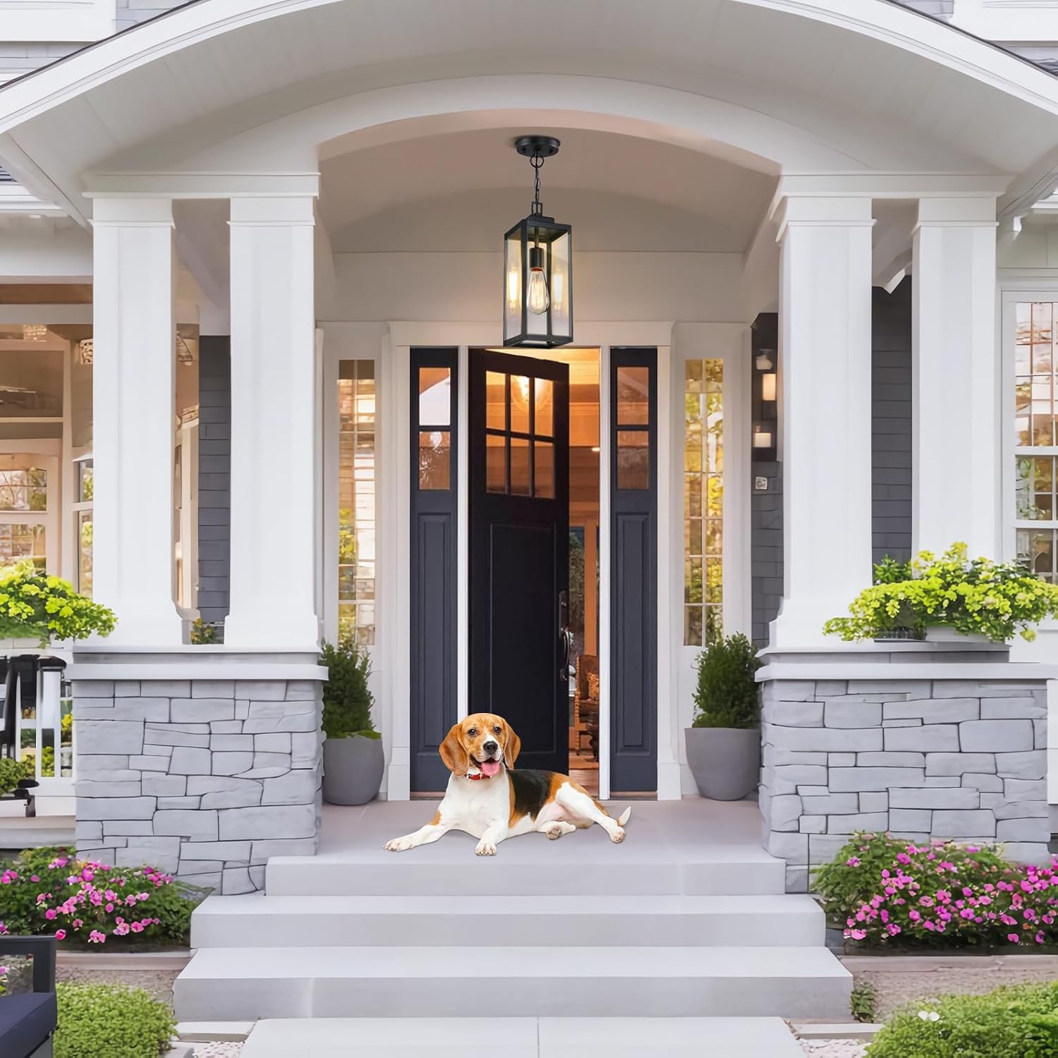 2 Packs 15'' Large Outdoor Pendant Light, Modern Outside Chandelier Outdoor Hanging Lantern Light, Matte Black with Clear Glass, Exterior Pendant Lighting Fixture Ceiling Mount for Porch, Gazebo