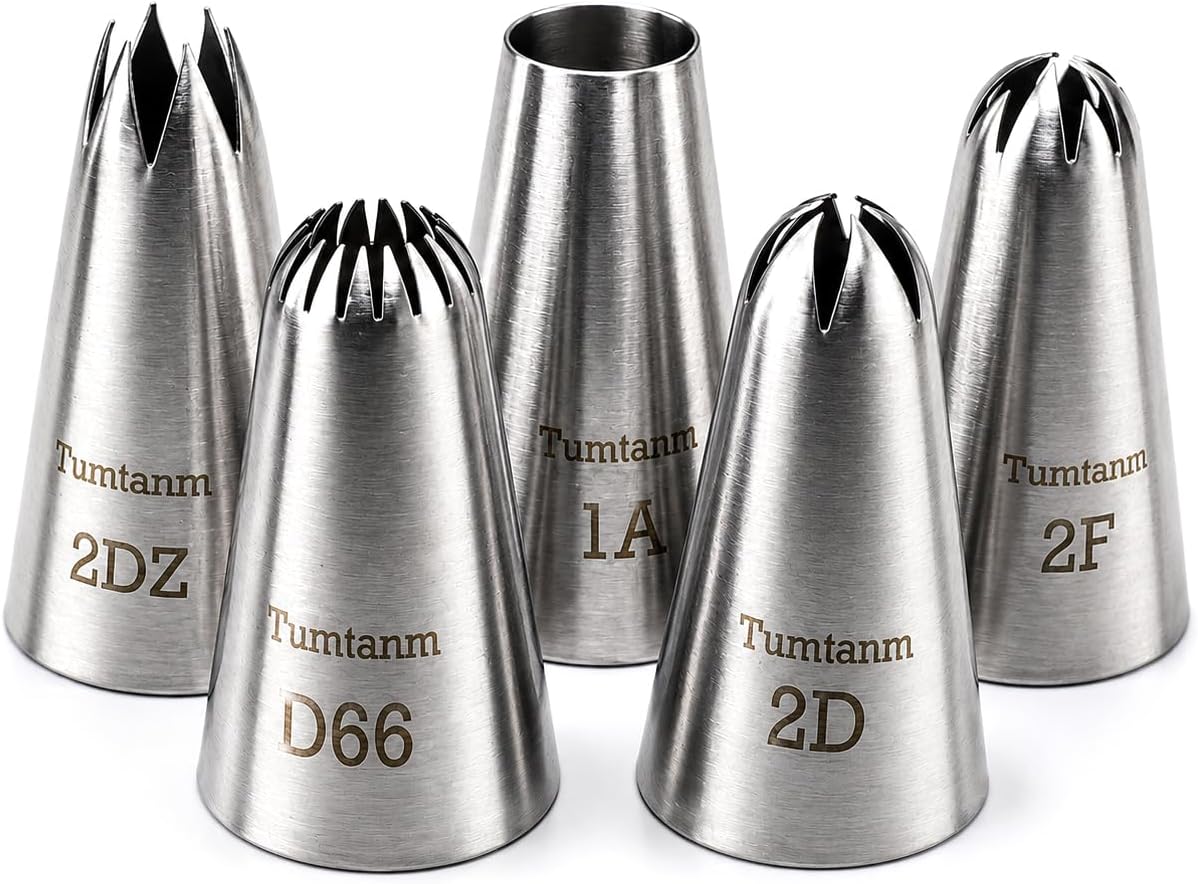 Piping Tips Large Cake Decorating Tools, 5 Pack DIY Flower Icing/ Cake Piping Nozzles Tips Kit for Cupcakes, Stainless Steel, Silver