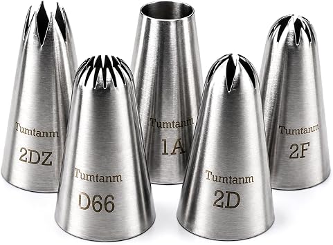 Piping Tips Large Cake Decorating Tools, 5 Pack DIY Flower Icing/ Cake Piping Nozzles Tips Kit for Cupcakes, Stainless Steel, Silver