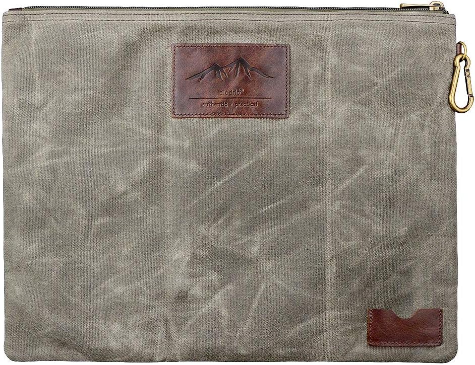 Water Resistant Zipper Document Holder, Fits Manila Folder, Rustic Large Waxed Canvas Pouch with Full Grain Leather, Inner Pockets, Carabiner, Hold Your Books, A4 Handouts, Travel Accessories. Olive.