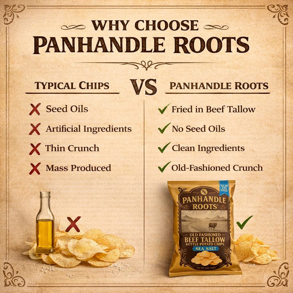 PANHANDLE ROOTS Beef Tallow Chips (3 Pack, 5oz Each) | Sea Salt | Gluten Free Potato Chips Made with Beef Tallow | Kettle Cooked & Seed Oil Free | Texas Born
