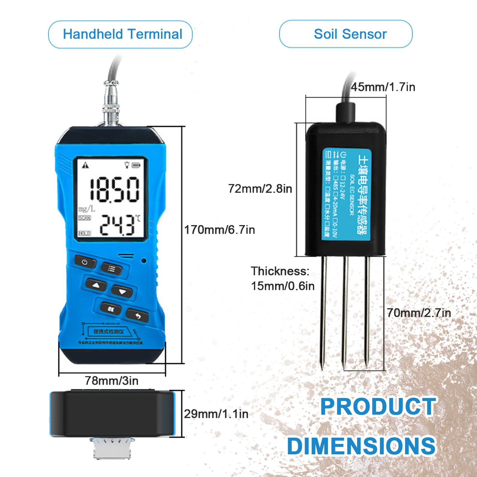 Tester per suolo 5 in 1, misura pH, umidità, EC, nutrienti, temperatura con display a LED per analisi di giardini e fattorie