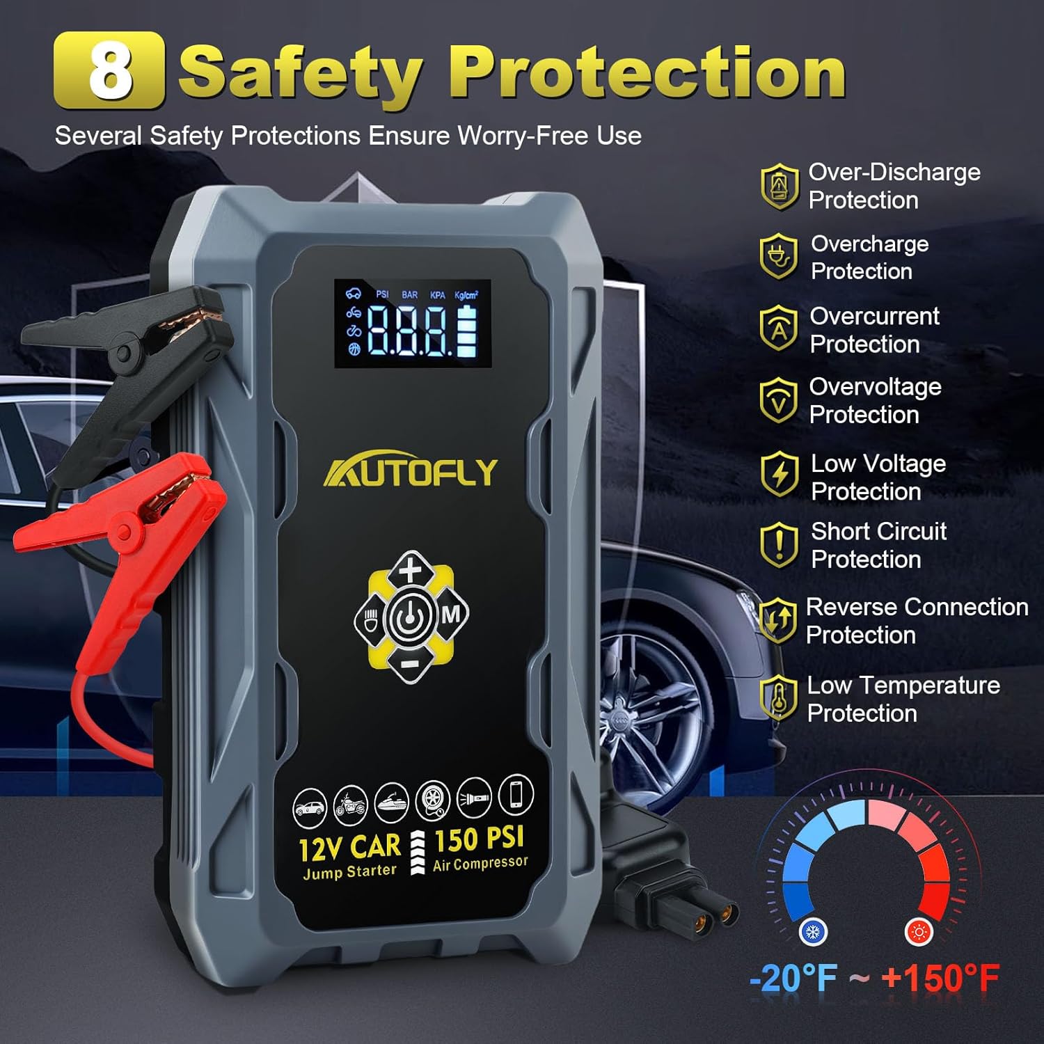 Car Jump Starter with Air Compressor, 3000A Portable Battery Pack with 150PSI Tire Inflator, 37WH DC12V Jump Box for Car Charger Battery Booster with LCD Display (Up 10L Gas/8L Diesel Engine) - Image 9