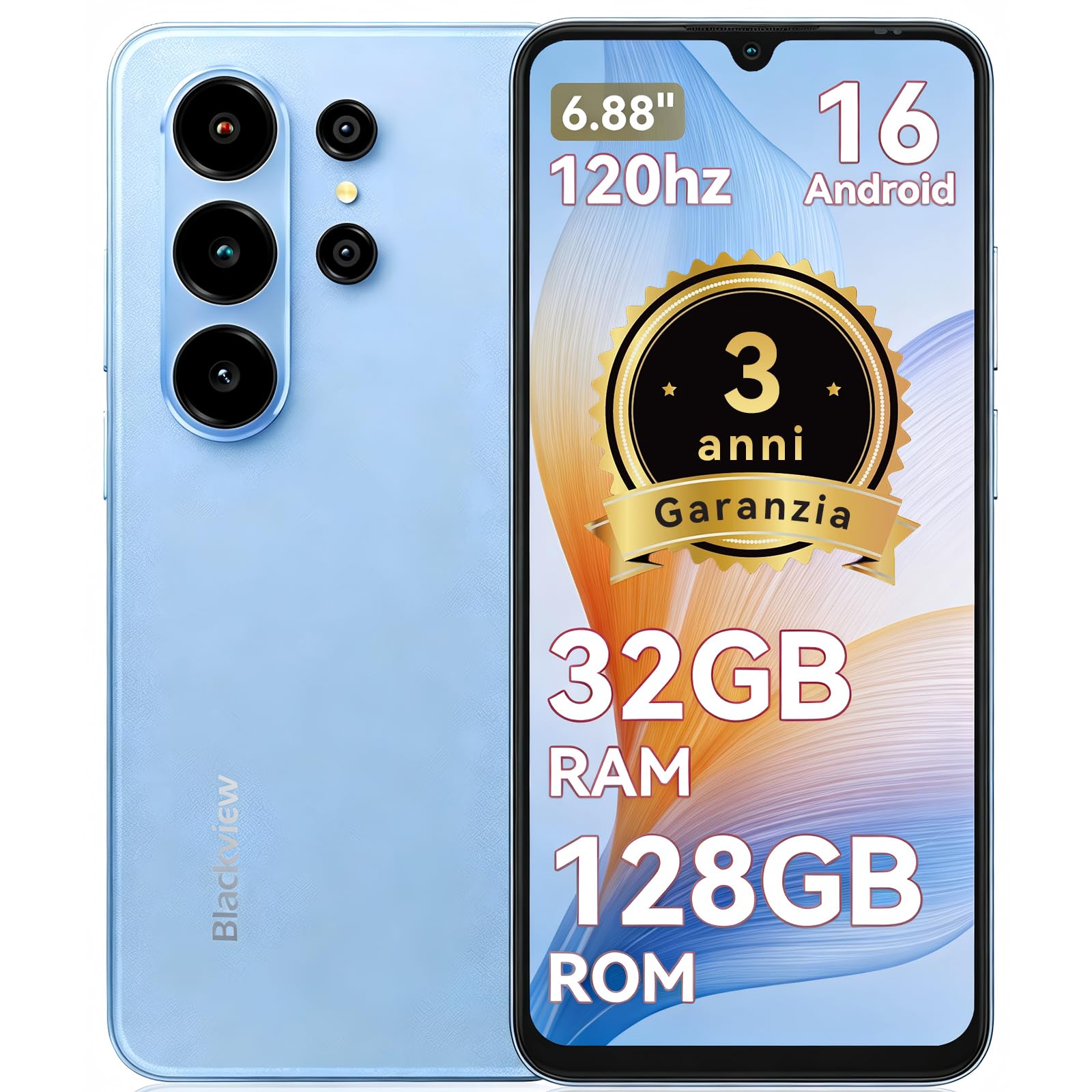 Blackview WAVE 10 Smartphone Offerta Android 16,32MP+13MP 32GB+128GB/2TB TF Cellulari,Telefono Cellulare Offerta 6.88"/5000mAh/3.5mm/IP54 4G/5G WiFi/Face ID/Blocco Impronta Digitale,3 Anni Garanzia