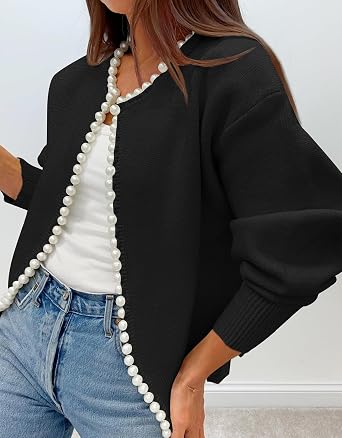 Kedera Womens Casual Pearl Cardigan 2025 Spring Elegant Embellished Long Sleeve Oversized Knit Sweater