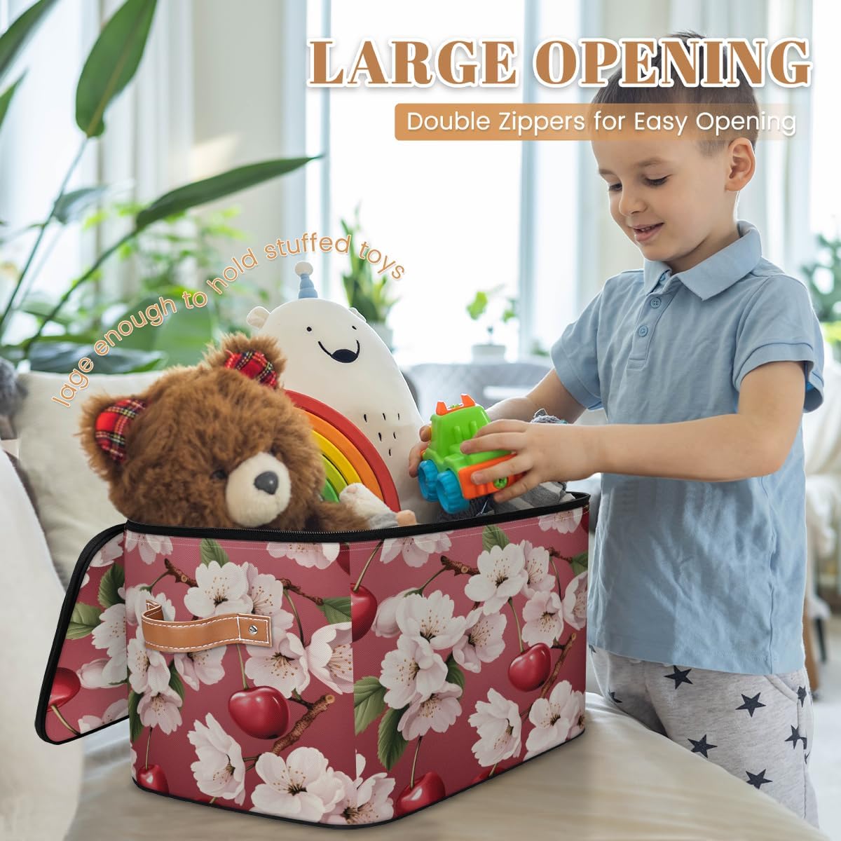 Storage Bin Set of 2 Cherry Flower Storage Basket with Zipper Lid & Handle Foldable Closet Shelf 2 Pack Cloth Organizer Basket Cube Bins Clothes Organizer for Bedroom, Nursery