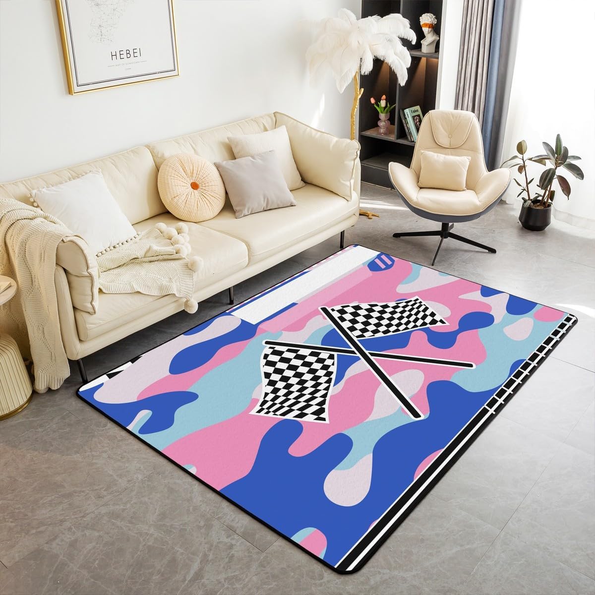 Erosebridal Girls Living Room Rugs 3x5 for Kids Racing Area Rug,Racing Plaid Non Slip Carpet with Cool Speed Race Car Camo Decorative Washable Rug for Boys Girls Teens Bedroom Dining Room