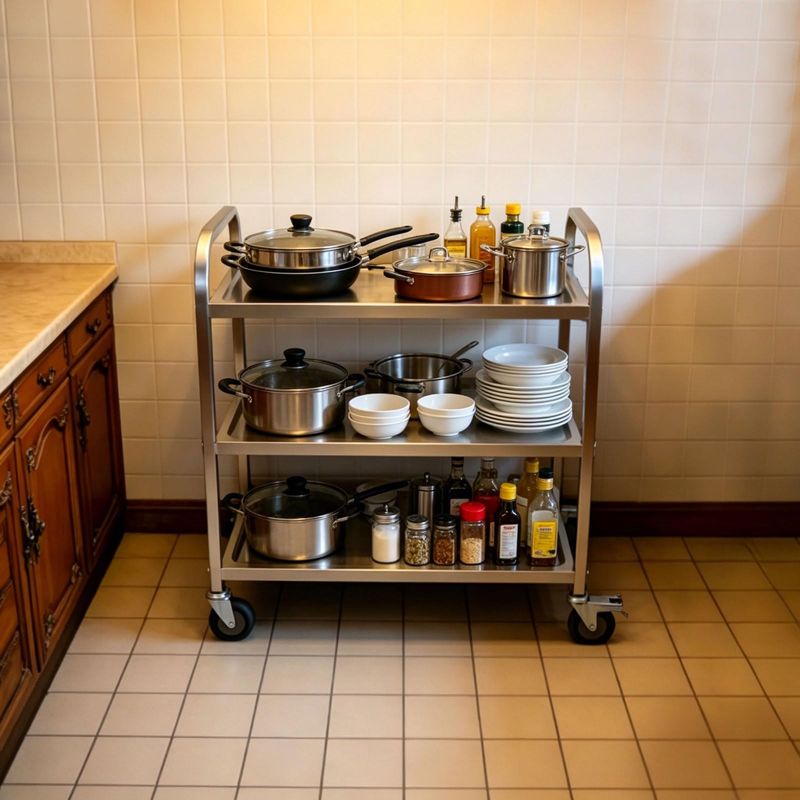 Carro de cocina con ruedas (3 niveles, 85 x 45 x 90 cm) | Carro de acero inoxidable con 3 estantes, 25 kg por nivel, con asa, para cocina, restaurante y oficina