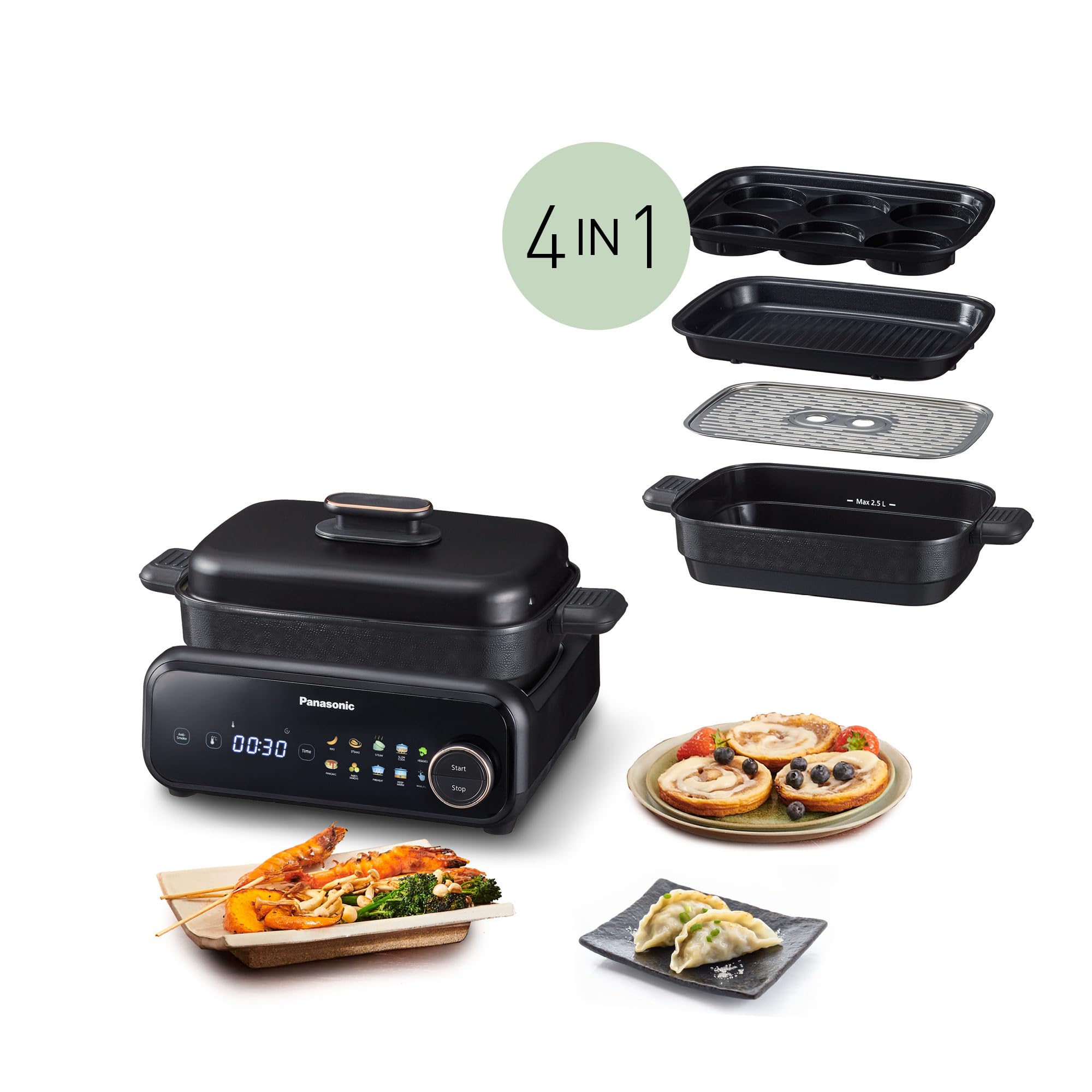 Panasonic NF-GM400 Multi-Cooker Elettrico 4 in 1, Griglia elettrica, Friggere, Cottura Lenta, BBQ, Vapore, Saltare, 1400W, 40-250°C, 9 Modalità Automatiche, Piastre lavabili in lavastoviglie