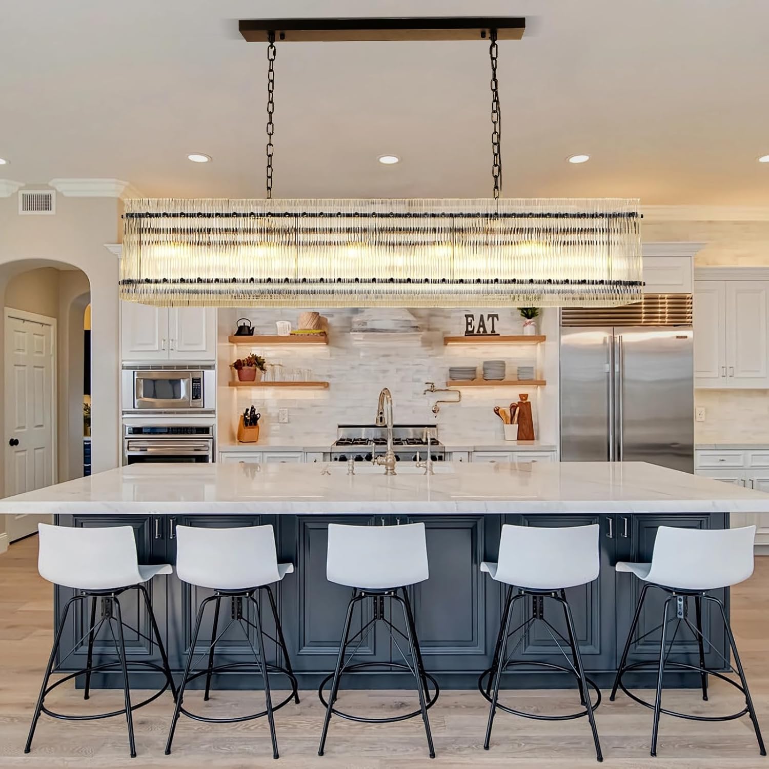 55 Inch Modern Rectangular Black Crystal Glass Chandeliers, Dining Room Chandeliers, for Living Room、Kitchen Island、Foyer, Water Ripple Chandelier, Adjustable Hanging Chandelier
