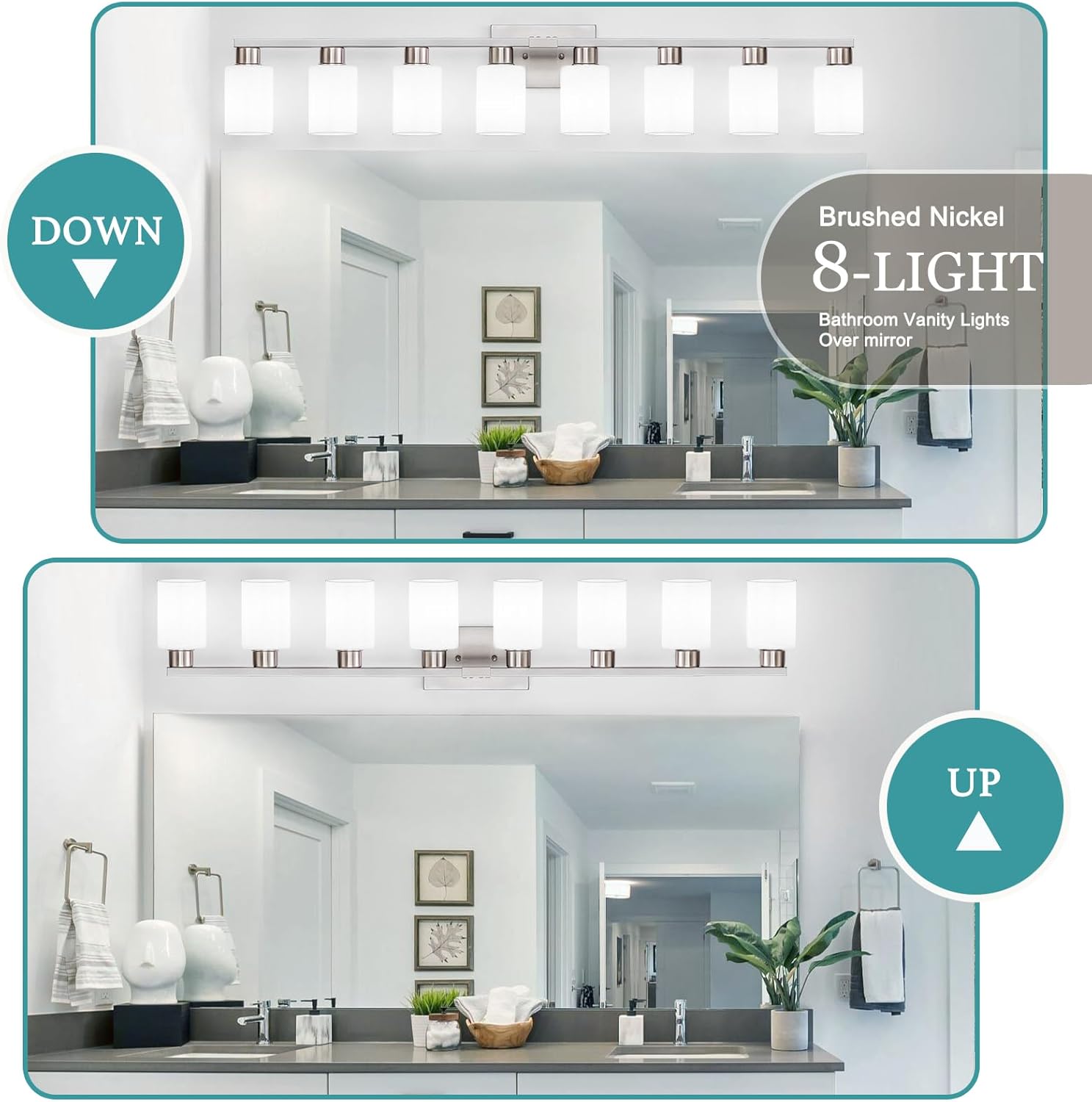 8-Light Bathroom Vanity Light Brushed Nickel Bathroom Light Fixtures 8 Light Vanity Lights for Wide Mirrors Nickel 8-Light Long Wall Sconce with Milky White Frosted Glass Shades for Bath Living Room