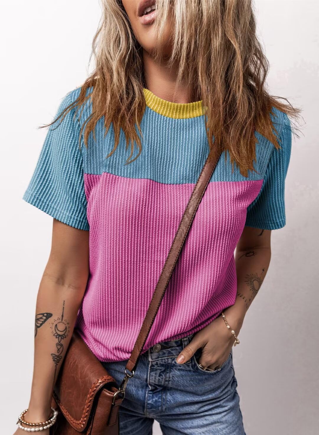 BLENCOT Women Tops Color Block Crewneck Casual Oversized Tshirts Knit Summer Tees Blouse S-2XL - Image 6