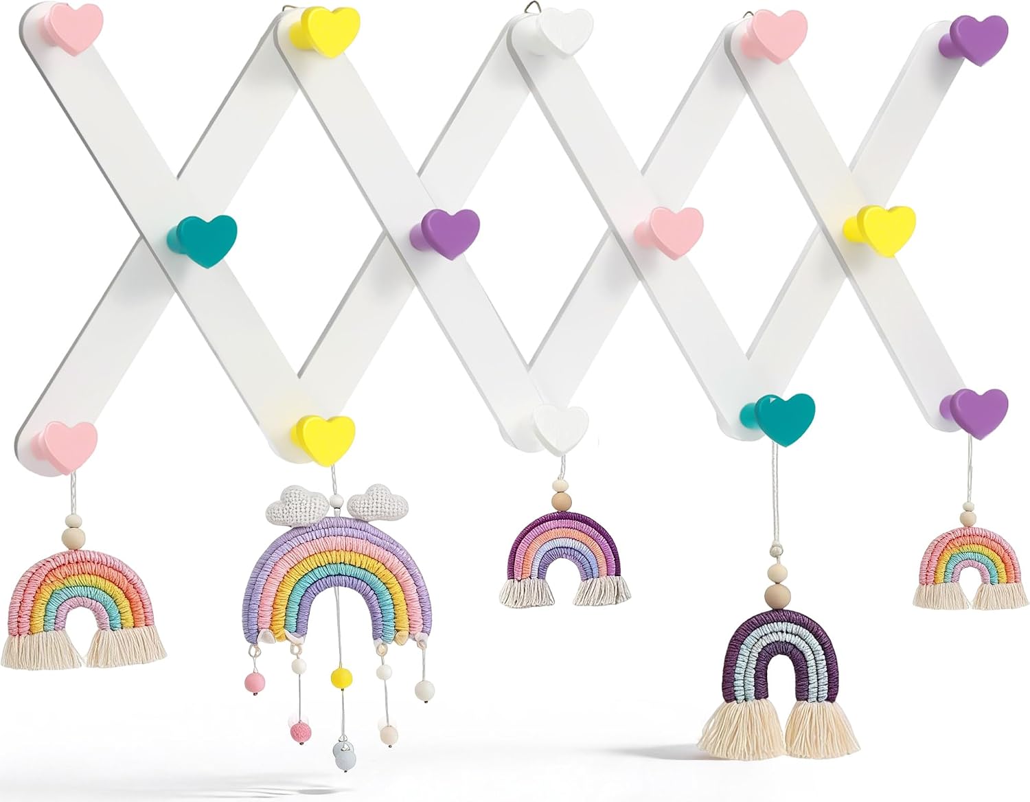 Kids Coat Rack Wall Mount Rainbow Accordion Wall Hanger Heart Shape Coat Hooks Cute Wooden Expandable Hat Holder for Toddler Hanging Backpack Clothes Towel Home Bedroom Bathroom Decor (Soft Color)