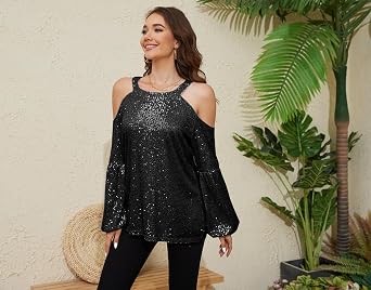 Sequin Tops for Women Sequin Halter Tops Balloon Long Sleeve Sparkly Glitter Shirts Sequin Blouse for Party Disco