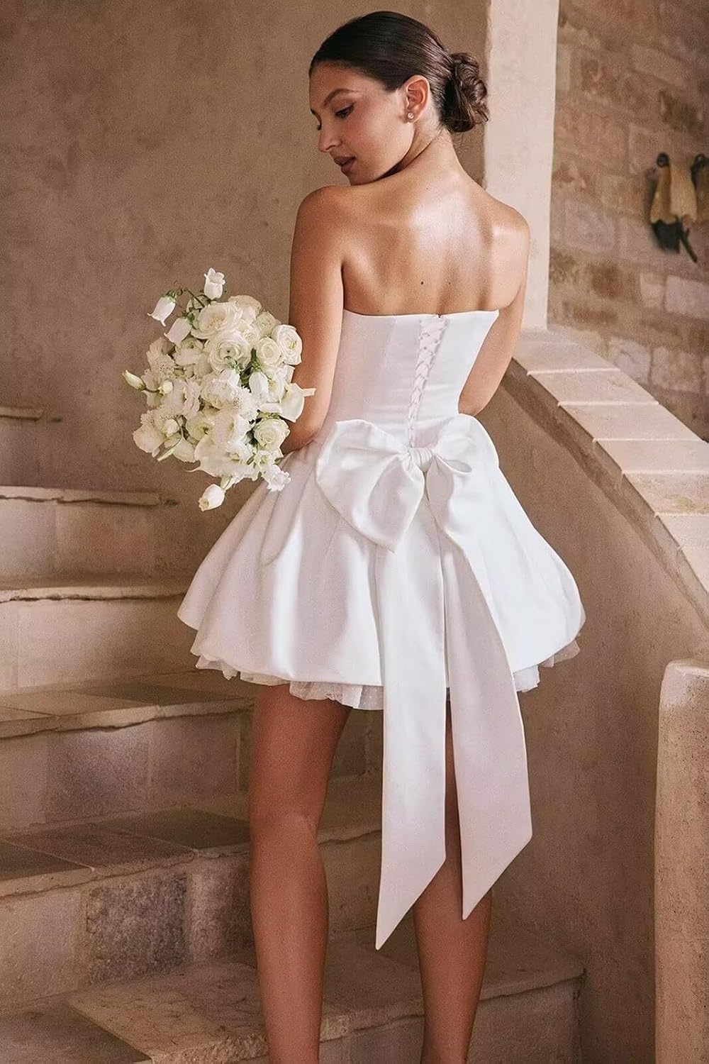 White Short Wedding Dresses for Bride 2026 Strapless Satin Bridal Dress A Line Wedding Reception Gown for Women