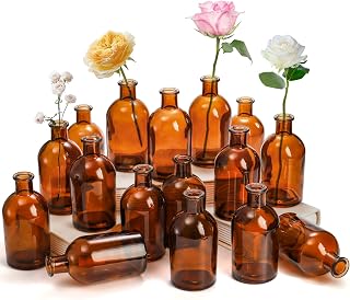 YOUEON 16 Pack Amber Glass Bud Vases - Bulk Small Flower Vases for Weddings, Centerpieces, Home Decor & Events